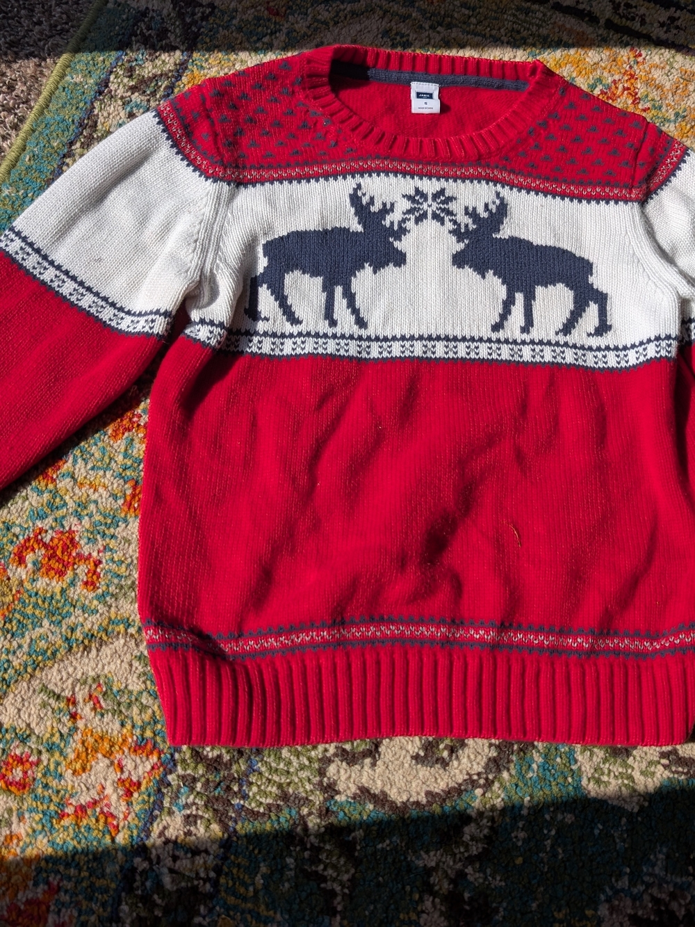Janie and Jack Kids Size 5 Red holiday Crewneck Sweater with Navy Moose Motif